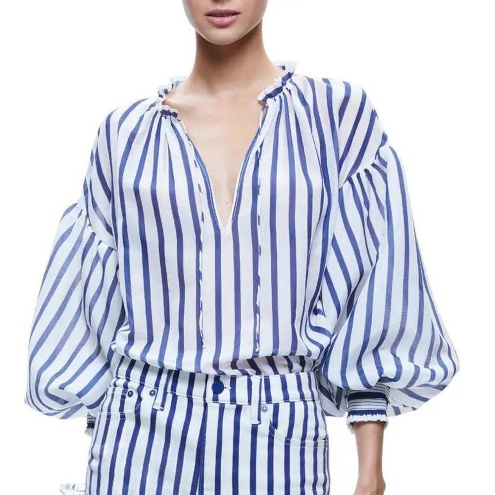 Alice + Olivia‎ Julius Blouse XS Blue White Striped Silk Blend Ruffle Tie Neck